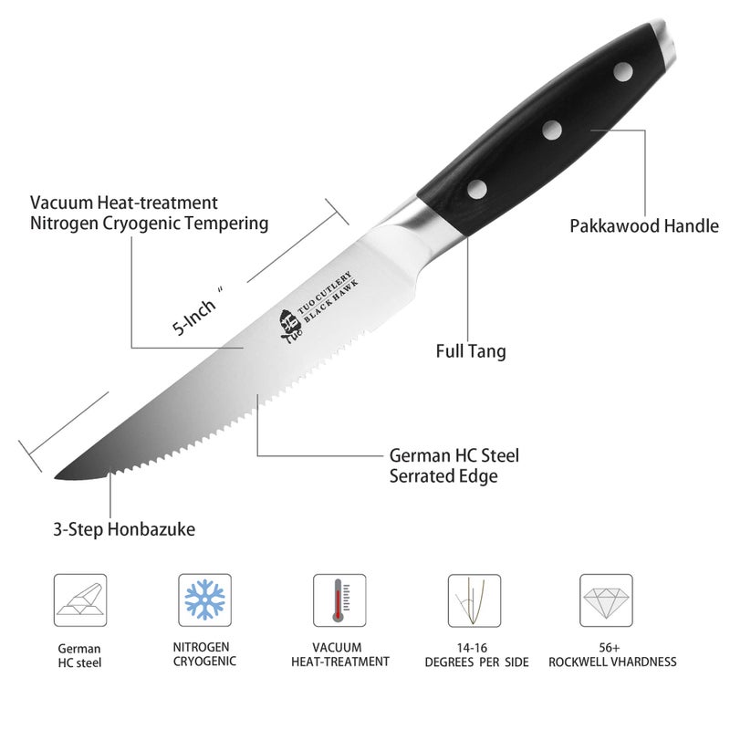 TUO Serrated Steak Knife - 5 inch Professional Kitchen Steak Knife Set 4 - Table Dinner Knife - German HC Stainless Steel Non Slip Pakkawood Handle - BLACK HAWK SERIES Including Gift Box - Image 3
